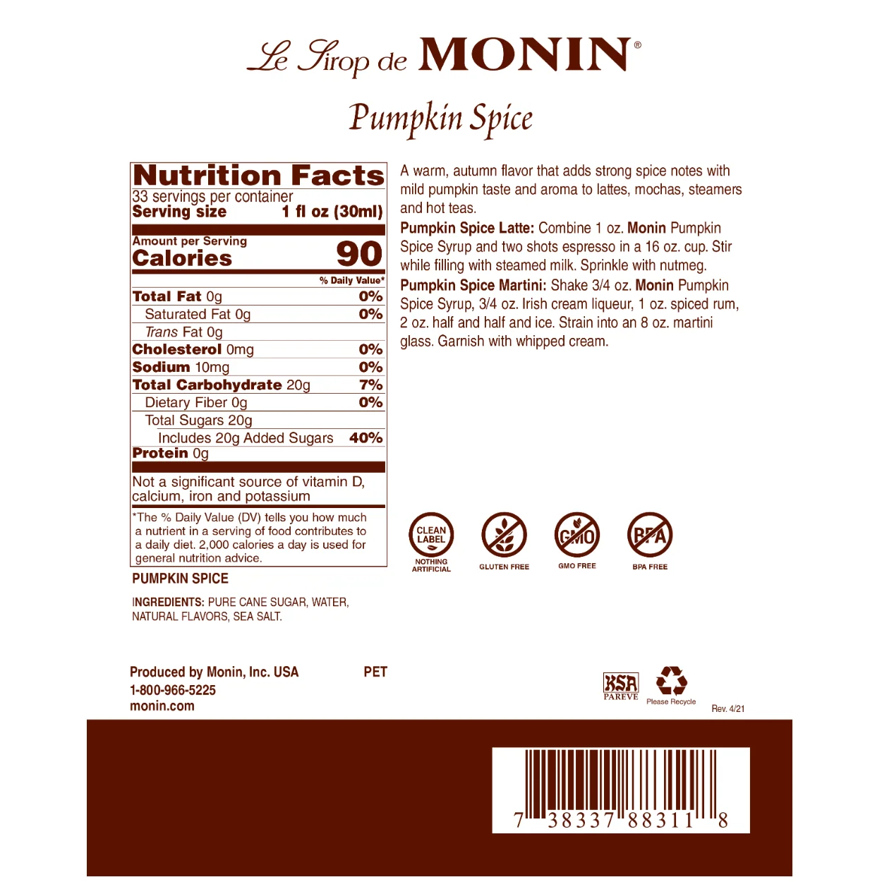 Monin Pumpkin Spice Syrup Bottle - Image 2