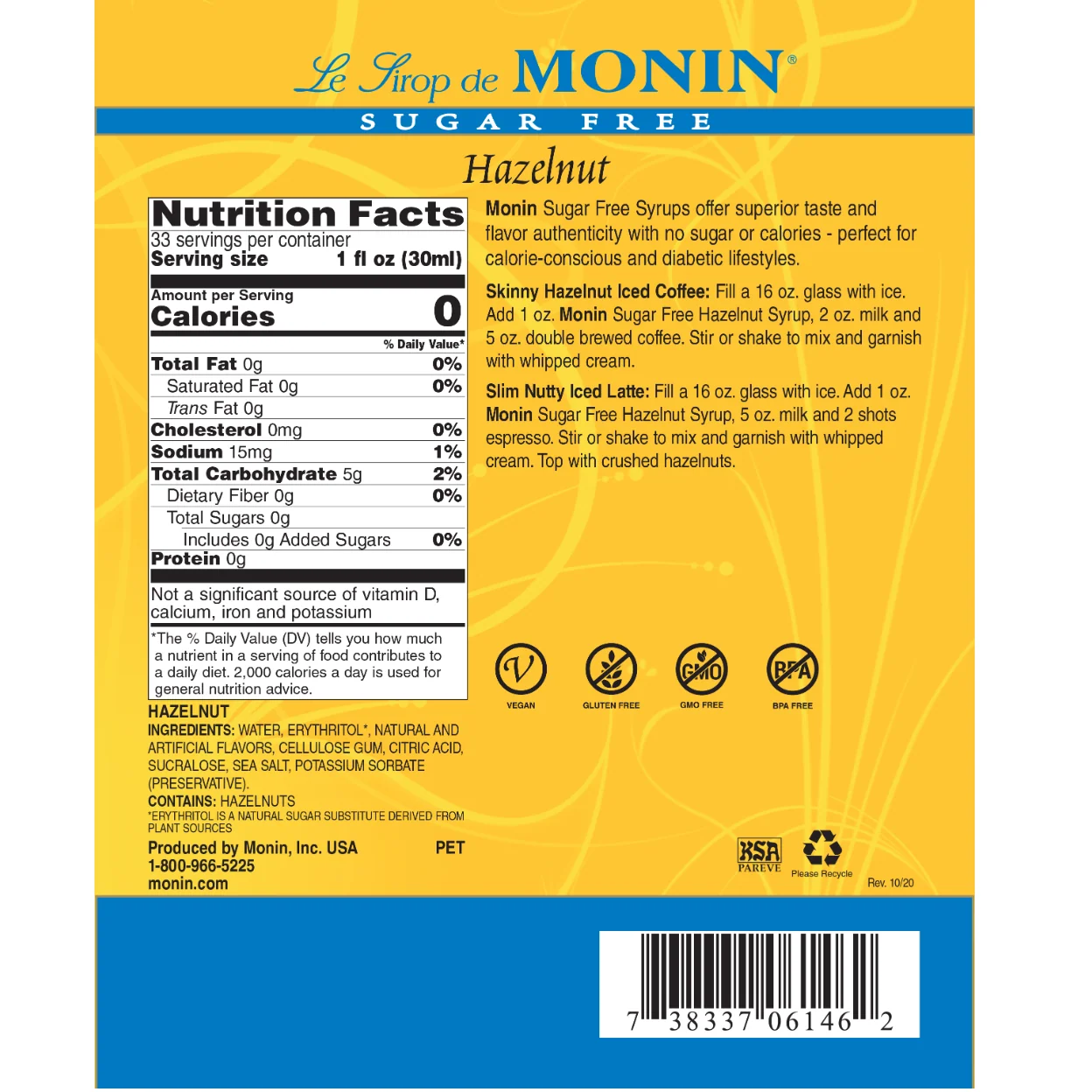 Monin Hazelnut Sugar Free Syrup Coffee - Image 2