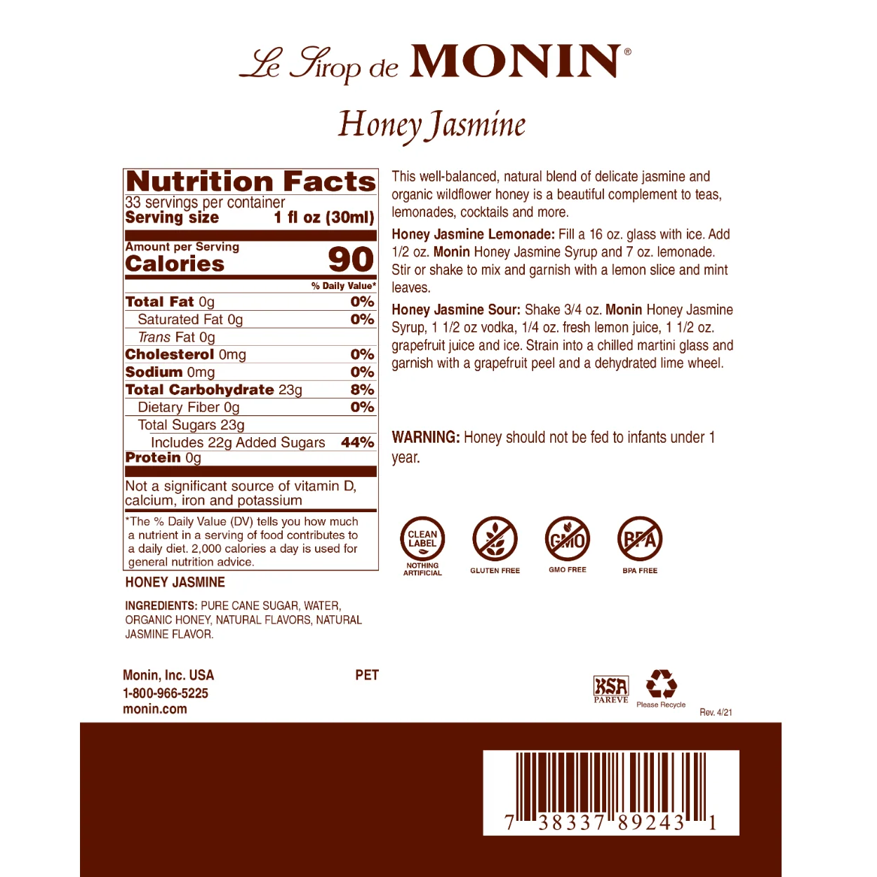 Monin Honey Jasmine Syrup Coffee - Image 2