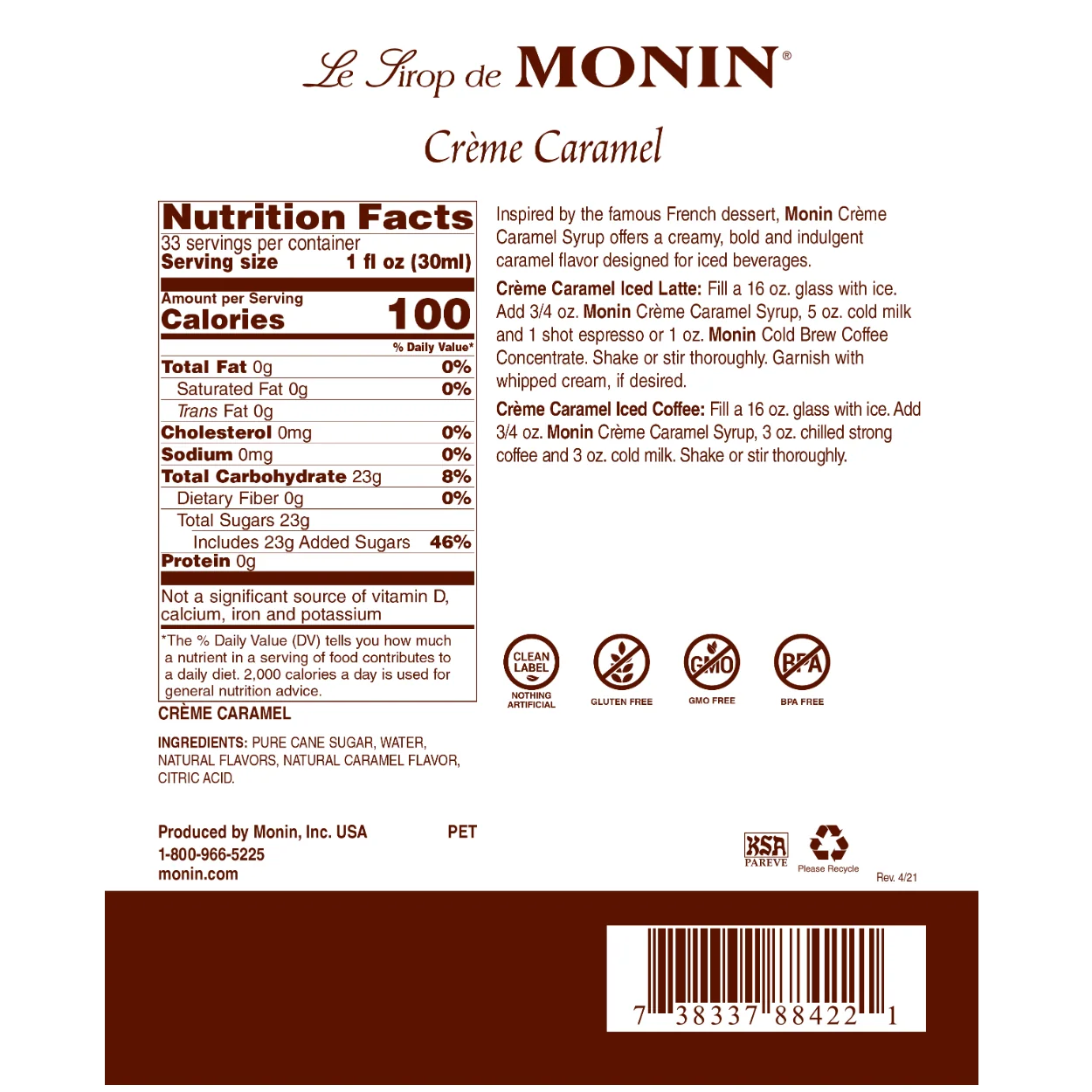 Monin Crème Caramel Syrup Bottle - Image 2