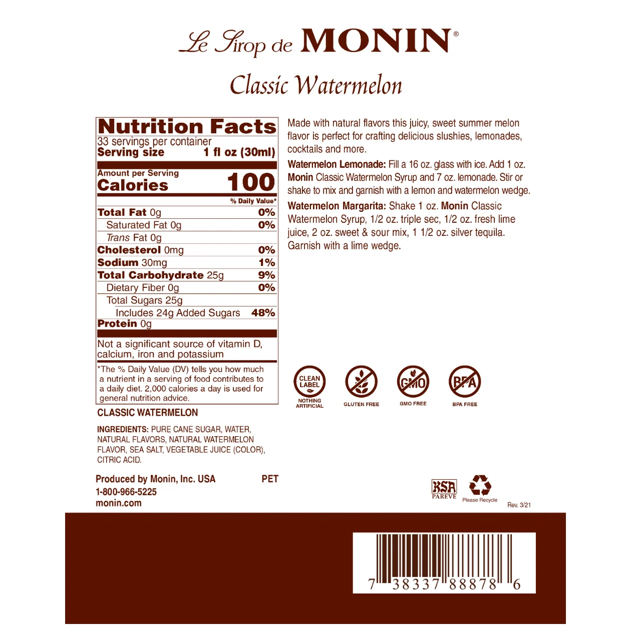 Monin Classic Watermelon Syrup Bottle - Image 2